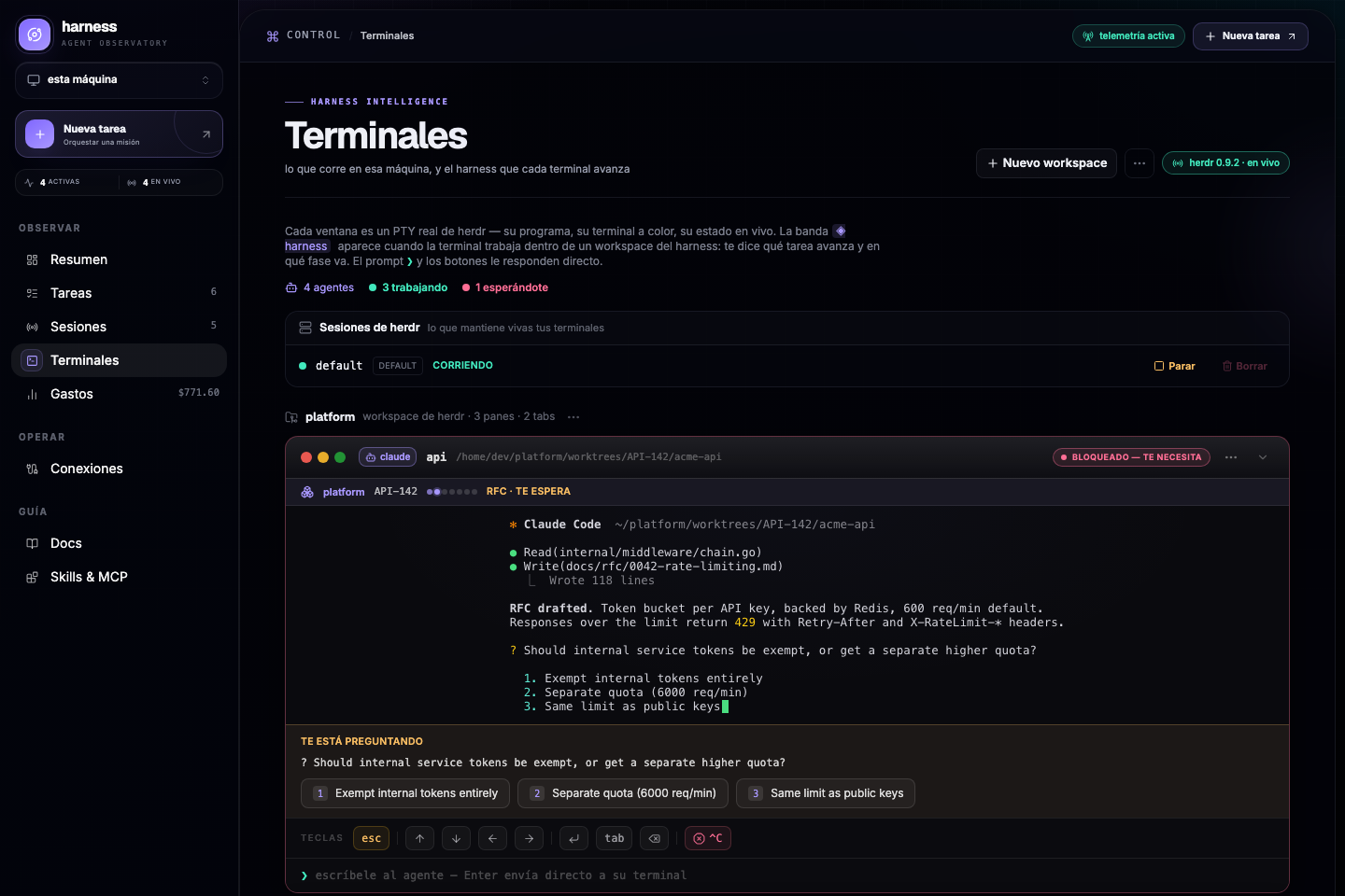Live agent terminals: one waiting on a decision with one-click answers, one fixing failing tests